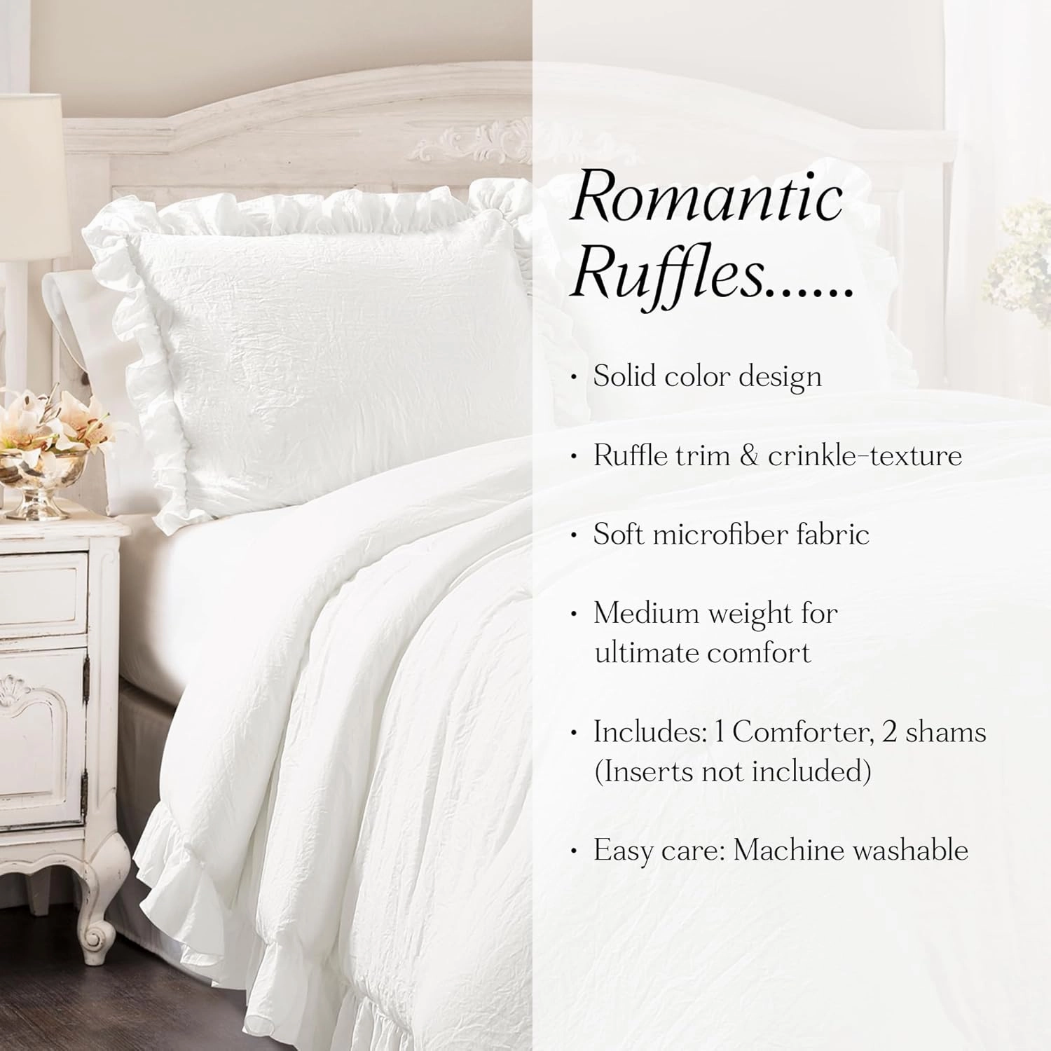 Lush Decor Reyna Ruffle Comforter Set - 3 Piece Cozy Ruffled Bedding Set - Timeless Elegance and Comfort for Dorm Room - Full/ Queen, Pure White