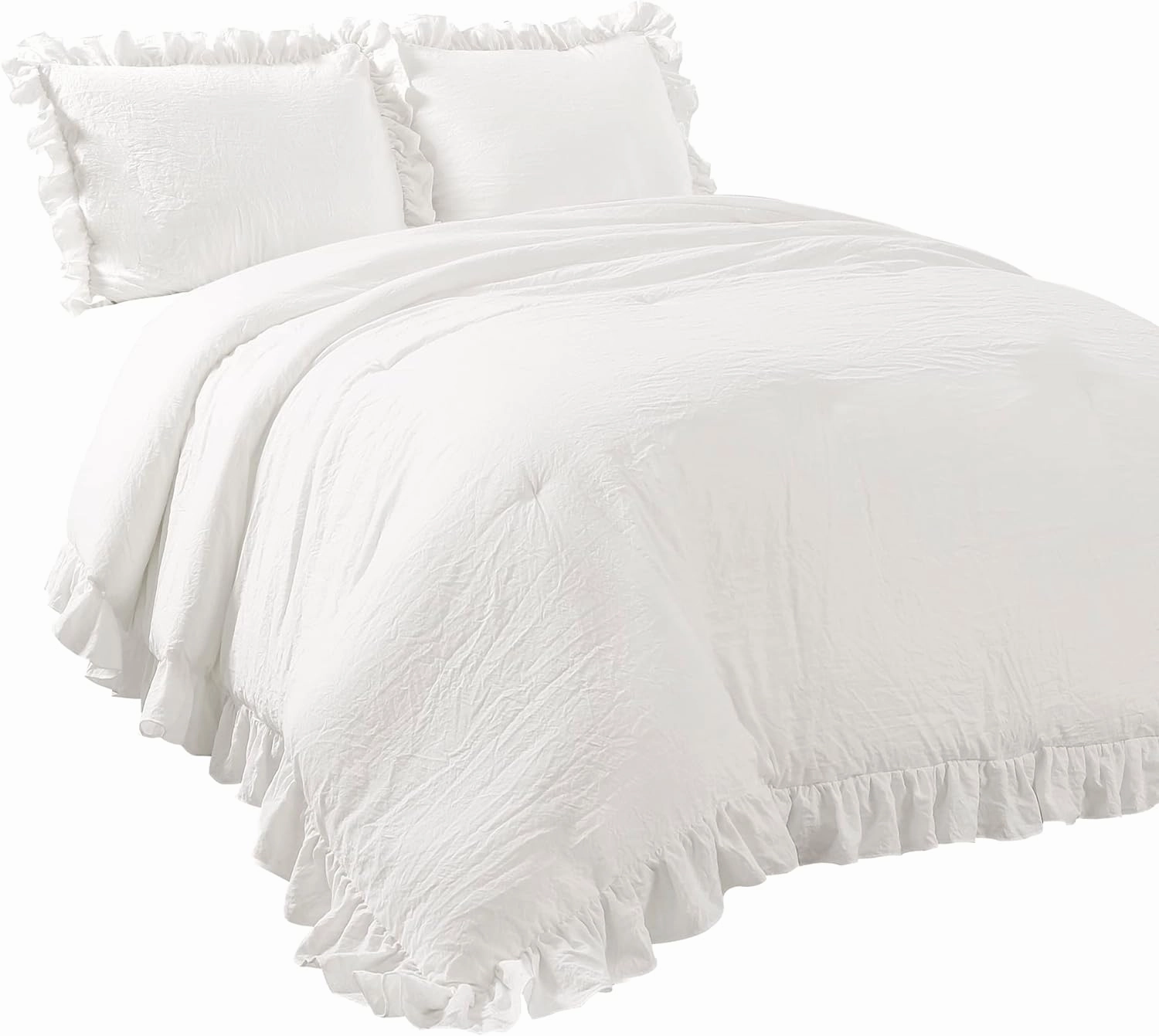 Lush Decor Reyna Ruffle Comforter Set - 3 Piece Cozy Ruffled Bedding Set - Timeless Elegance and Comfort for Dorm Room - Full/ Queen, Pure White