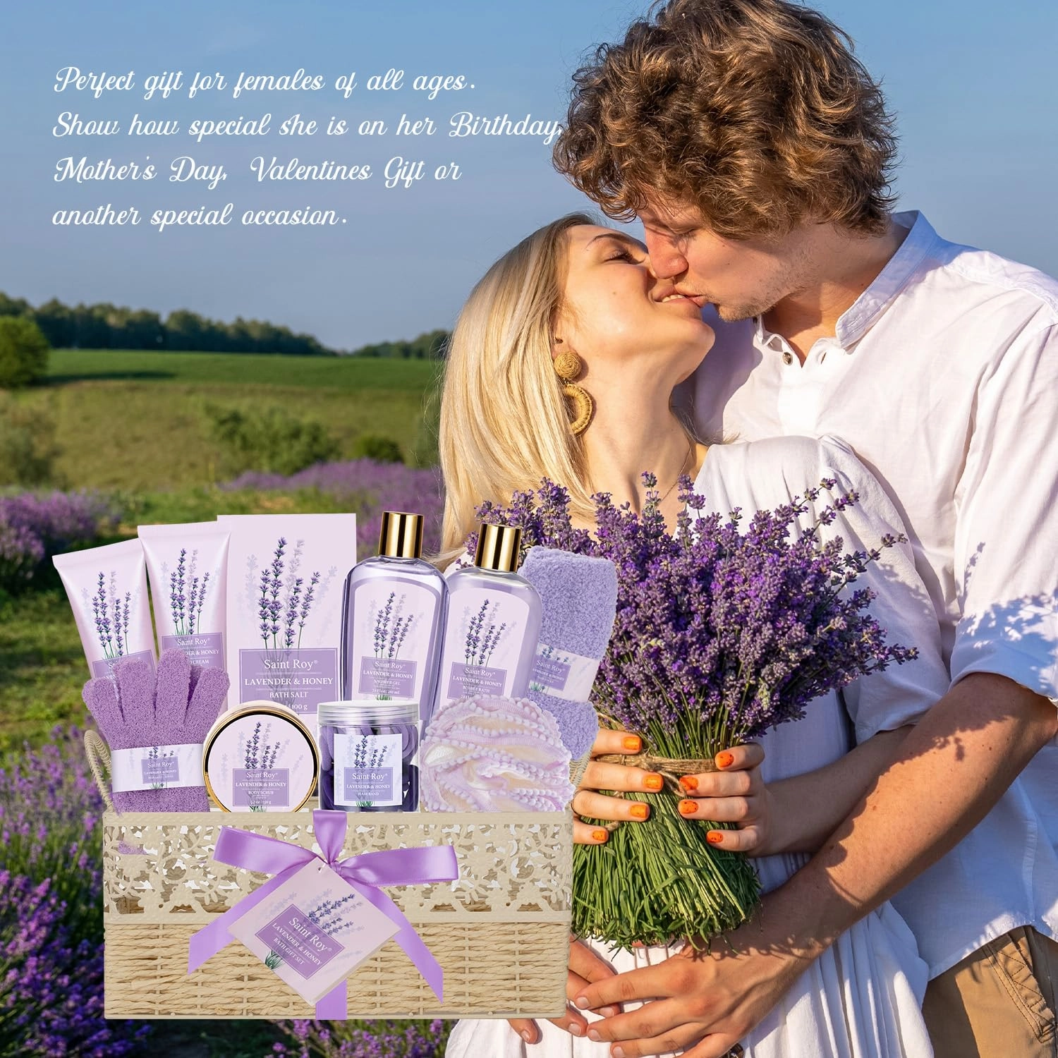 Luxury Bath & Body Set For Women LAVENDER & HONEY Large Spa Basket 13Pcs Luxurious Bath Spa Kit for women, Mother Day Gifts Perfect Spa Kit Bath Gift Set Spa Day Gifts Birthday Gift Baskets for Women