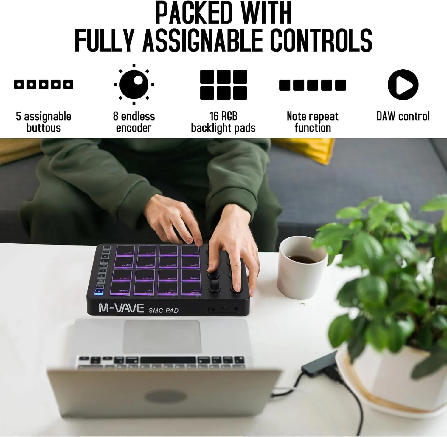 M-WAVE Wireless MIDI Controller Pads, Bluetooth Portable USB MIDI Controller with 16 MPC Drum Pads, 8 Assignable Knobs, Note Repeat, Full Level Buttons, Rechargeable battery (Black Pad)