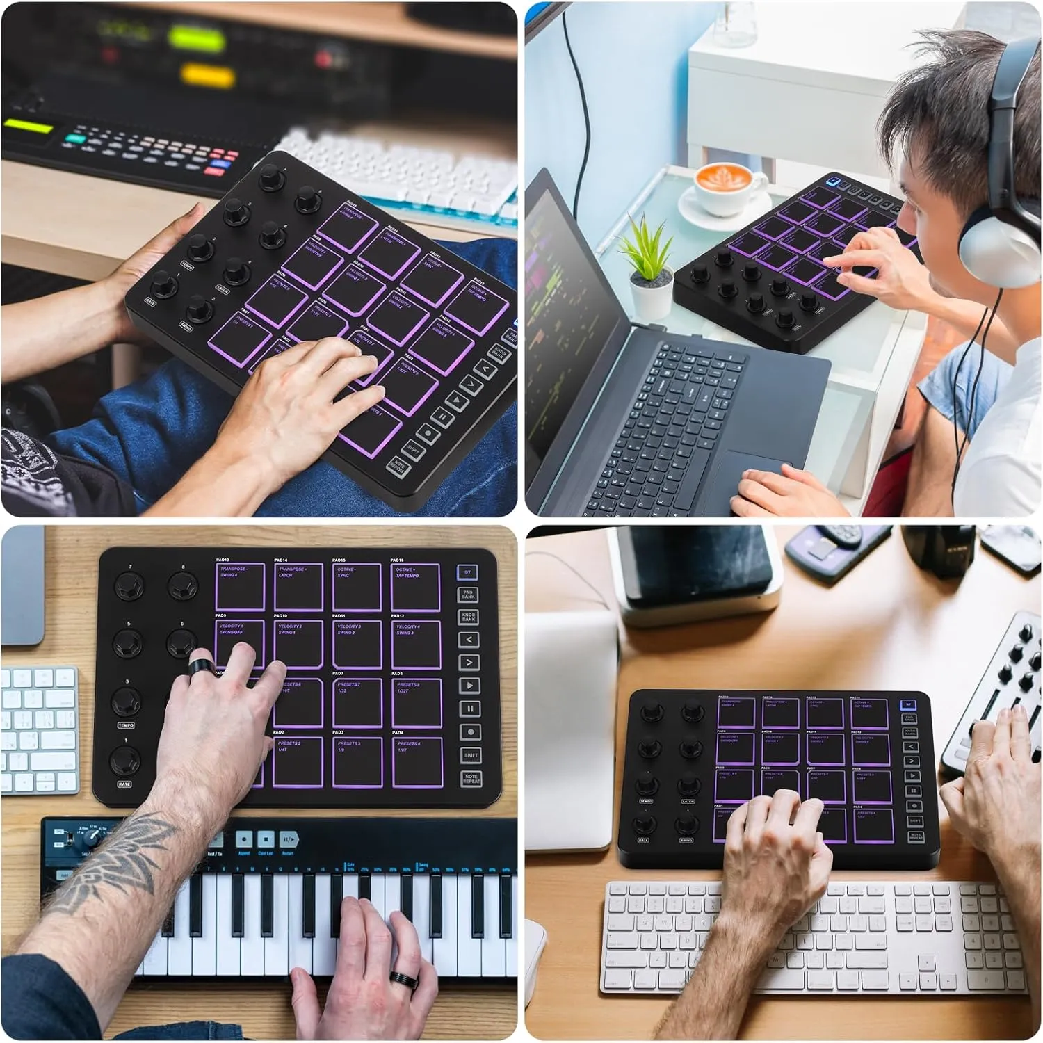 M-WAVE Wireless MIDI Controller Pads, Bluetooth Portable USB MIDI Controller with 16 MPC Drum Pads, 8 Assignable Knobs, Note Repeat, Full Level Buttons, Rechargeable battery (Black Pad)