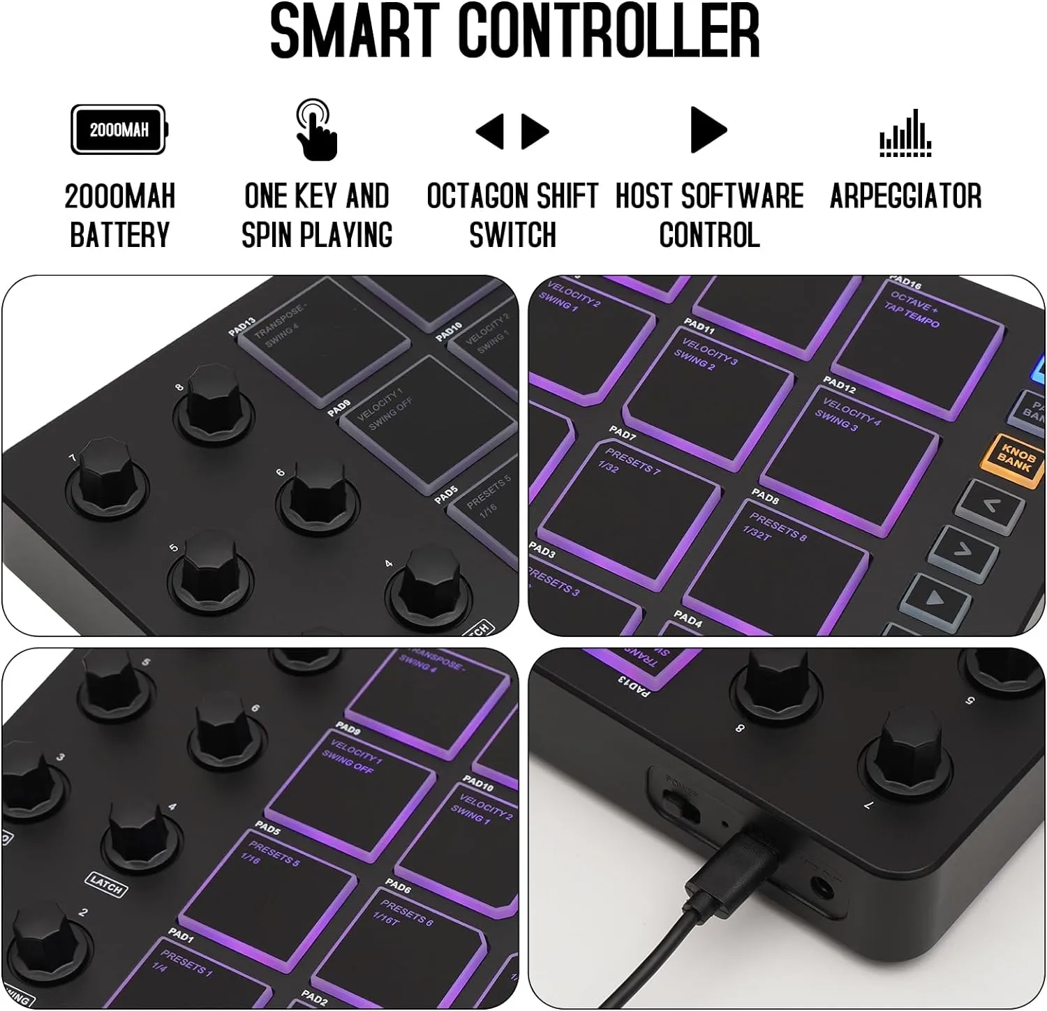 M-WAVE Wireless MIDI Controller Pads, Bluetooth Portable USB MIDI Controller with 16 MPC Drum Pads, 8 Assignable Knobs, Note Repeat, Full Level Buttons, Rechargeable battery (Black Pad)