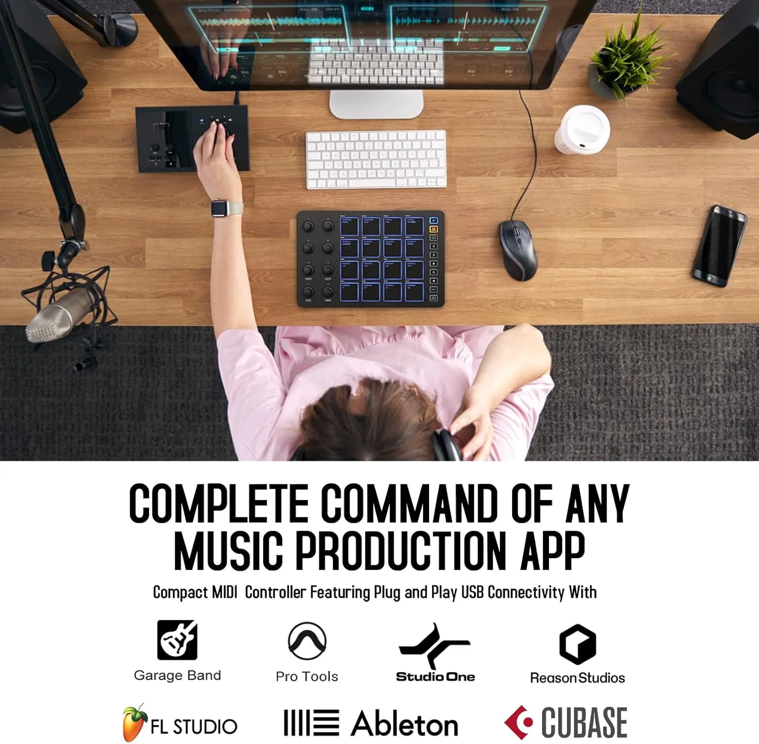 M-WAVE Wireless MIDI Controller Pads, Bluetooth Portable USB MIDI Controller with 16 MPC Drum Pads, 8 Assignable Knobs, Note Repeat, Full Level Buttons, Rechargeable battery (Black Pad)