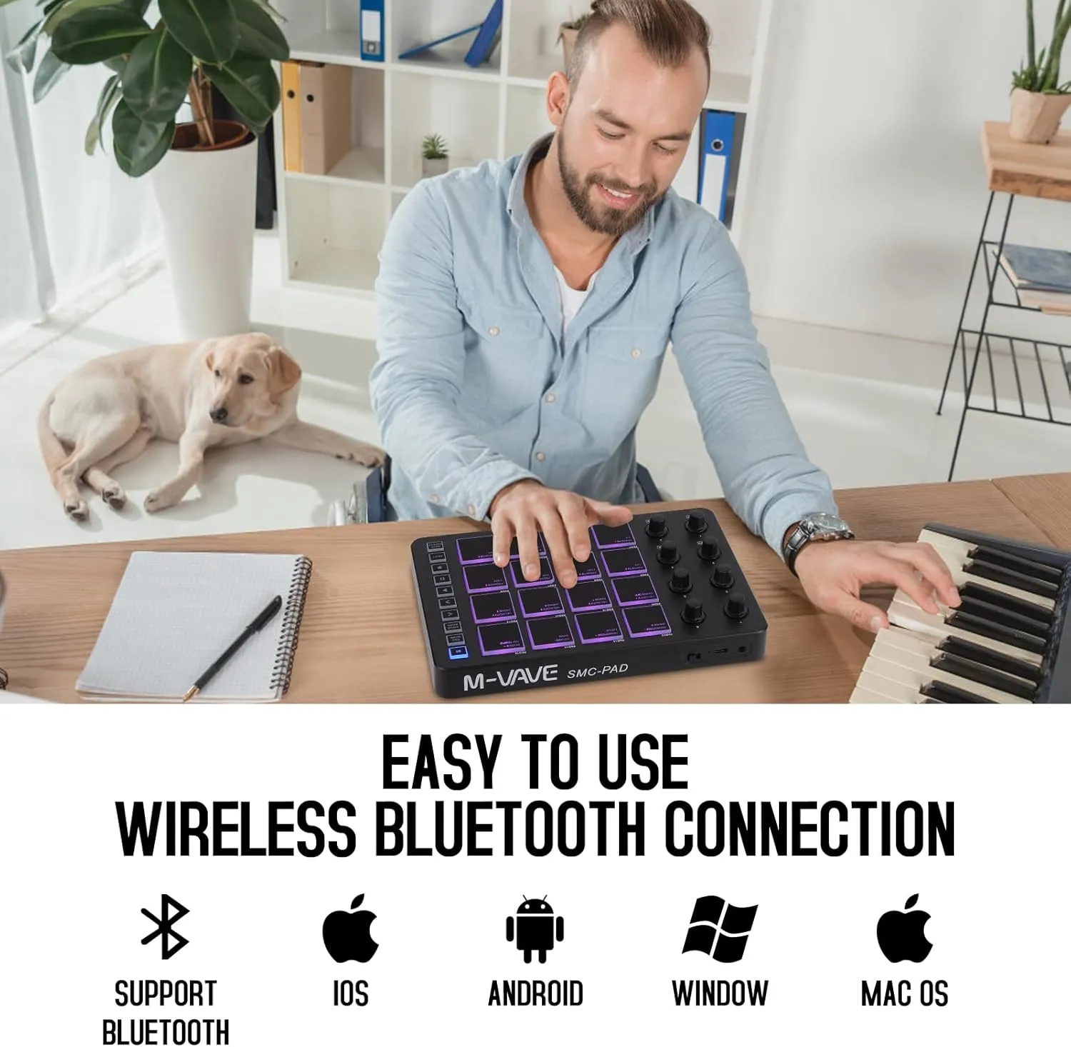 M-WAVE Wireless MIDI Controller Pads, Bluetooth Portable USB MIDI Controller with 16 MPC Drum Pads, 8 Assignable Knobs, Note Repeat, Full Level Buttons, Rechargeable battery (Black Pad)