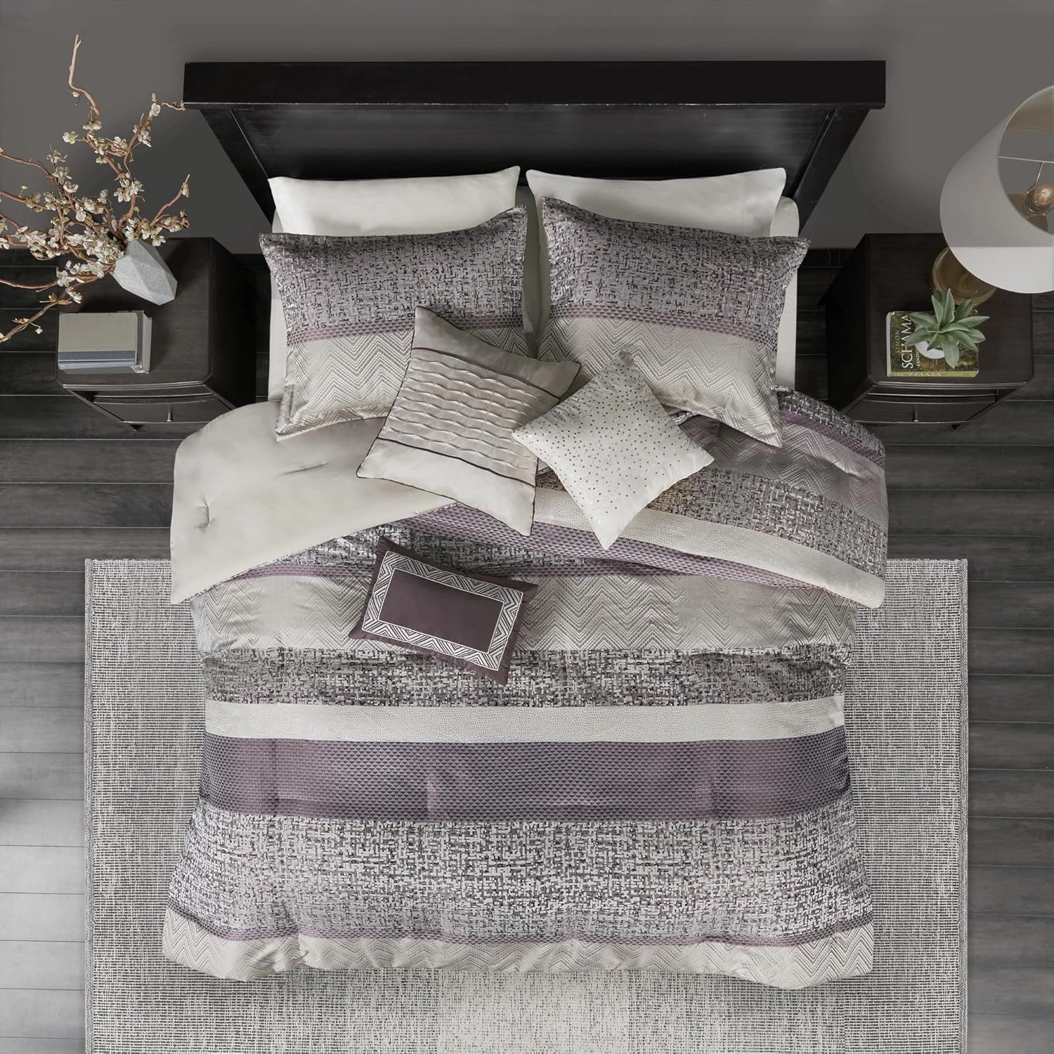 Madison Park Luxury Comforter Set-Traditional Jacquard Design, All Season Down Alternative Bedding, Matching Bedskirt, Decorative Pillows, Cal King(104"x92"), Rhapsody, Striped Purple 7 Piece