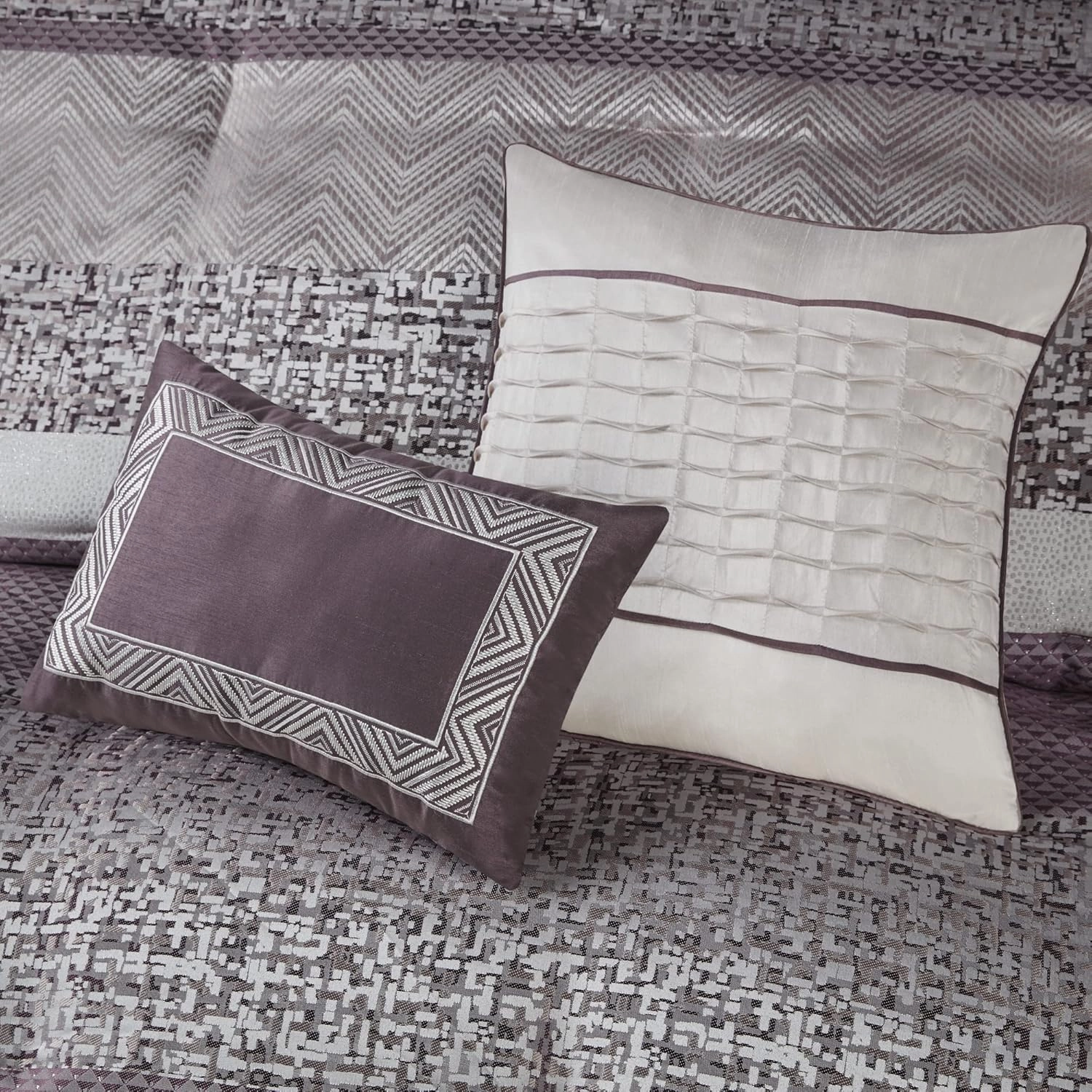 Madison Park Luxury Comforter Set-Traditional Jacquard Design, All Season Down Alternative Bedding, Matching Bedskirt, Decorative Pillows, Cal King(104"x92"), Rhapsody, Striped Purple 7 Piece