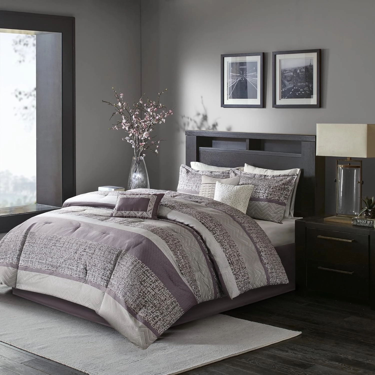 Madison Park Luxury Comforter Set-Traditional Jacquard Design, All Season Down Alternative Bedding, Matching Bedskirt, Decorative Pillows, Cal King(104"x92"), Rhapsody, Striped Purple 7 Piece