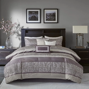 Madison Park Luxury Comforter Set-Traditional Jacquard Design, All Season Down Alternative Bedding, Matching Bedskirt, Decorative Pillows, Cal King(104"x92"), Rhapsody, Striped Purple 7 Piece