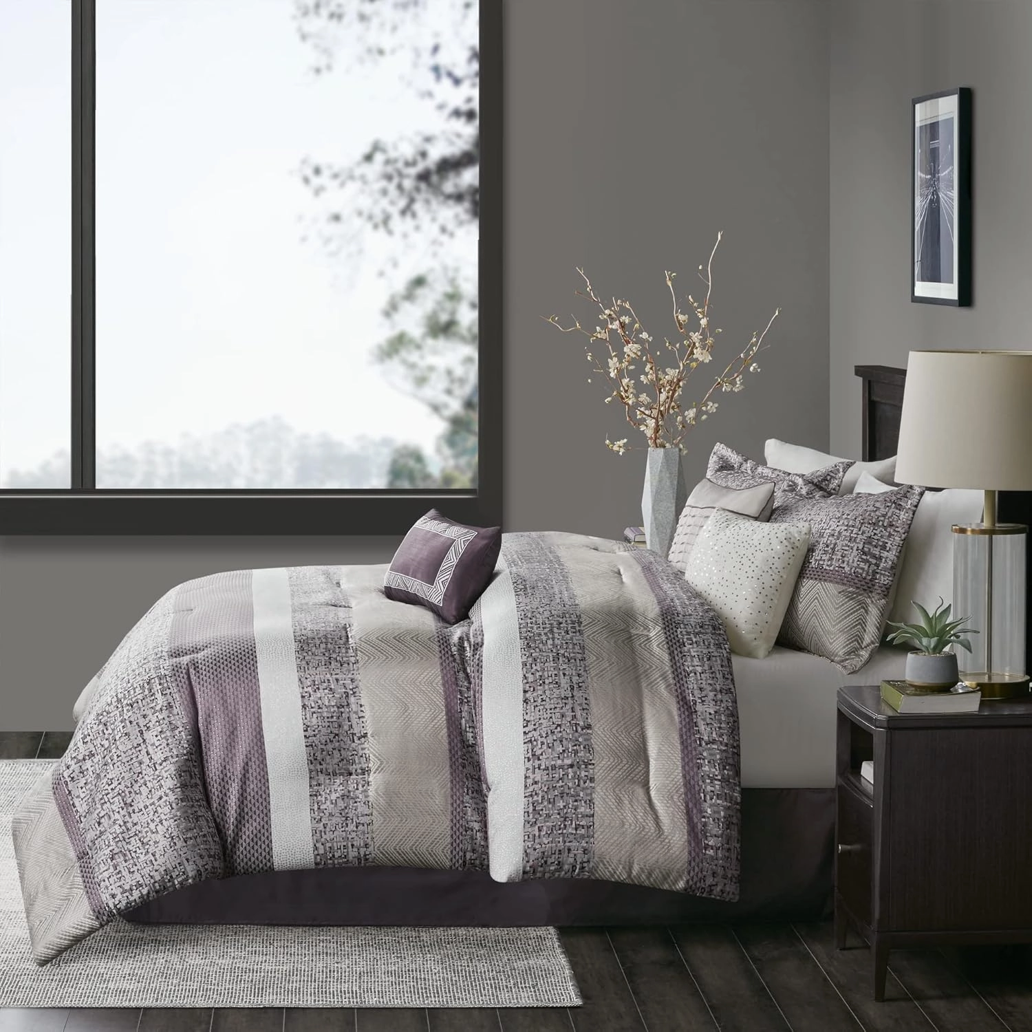 Madison Park Luxury Comforter Set-Traditional Jacquard Design, All Season Down Alternative Bedding, Matching Bedskirt, Decorative Pillows, Cal King(104"x92"), Rhapsody, Striped Purple 7 Piece