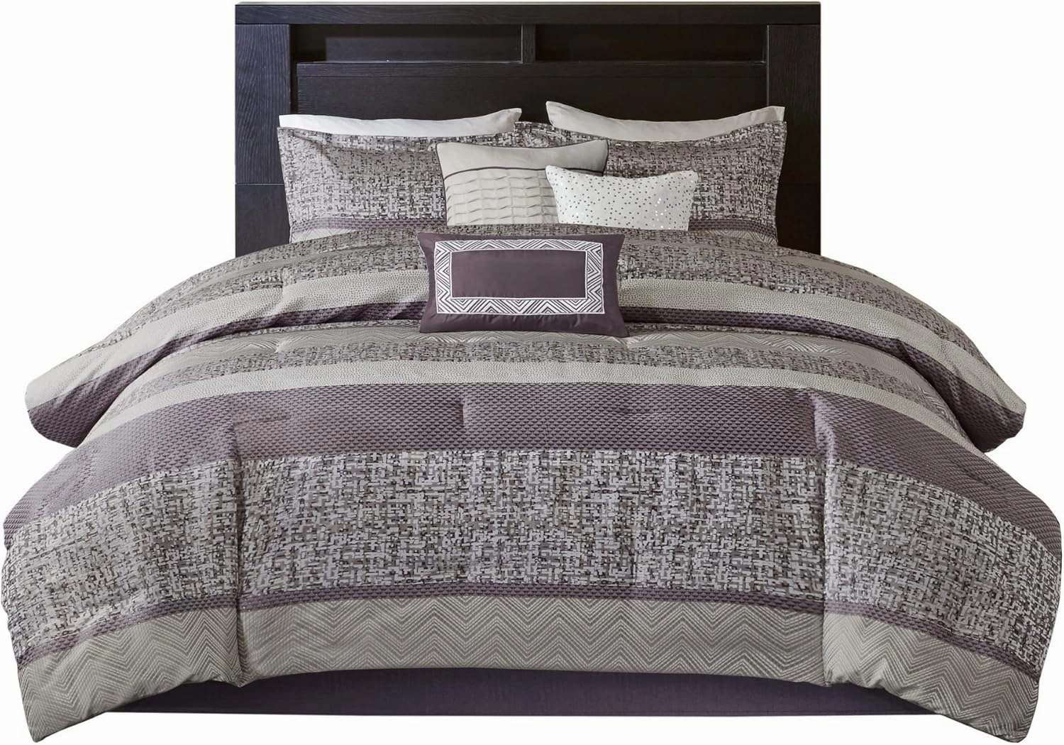 Madison Park Luxury Comforter Set-Traditional Jacquard Design, All Season Down Alternative Bedding, Matching Bedskirt, Decorative Pillows, Cal King(104"x92"), Rhapsody, Striped Purple 7 Piece