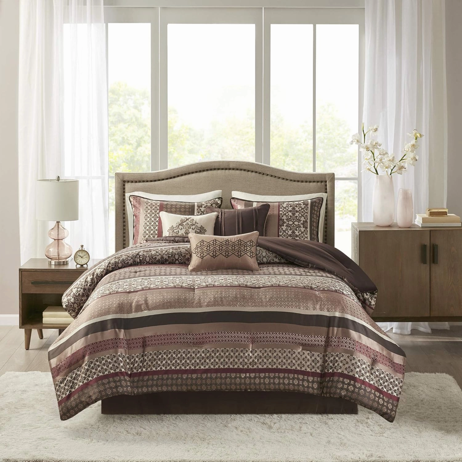 Madison Park Princeton Cozy Comforter Set - Luxurious Jaquard Traditional Damask Design, All Season Down Alternative Bedding with Matching Shams, Decorative Pillow, Cal King(104"x92"), Red 7 Piece