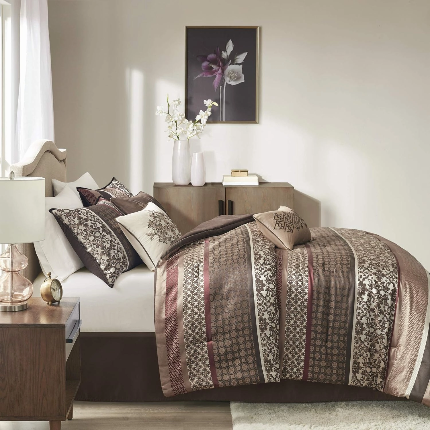 Madison Park Princeton Cozy Comforter Set - Luxurious Jaquard Traditional Damask Design, All Season Down Alternative Bedding with Matching Shams, Decorative Pillow, Cal King(104"x92"), Red 7 Piece