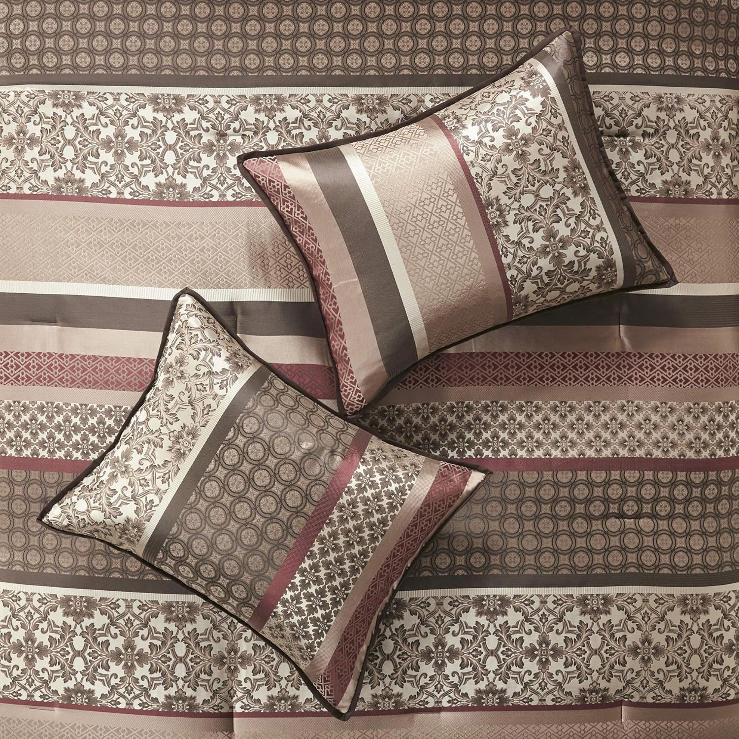 Madison Park Princeton Cozy Comforter Set - Luxurious Jaquard Traditional Damask Design, All Season Down Alternative Bedding with Matching Shams, Decorative Pillow, Cal King(104"x92"), Red 7 Piece