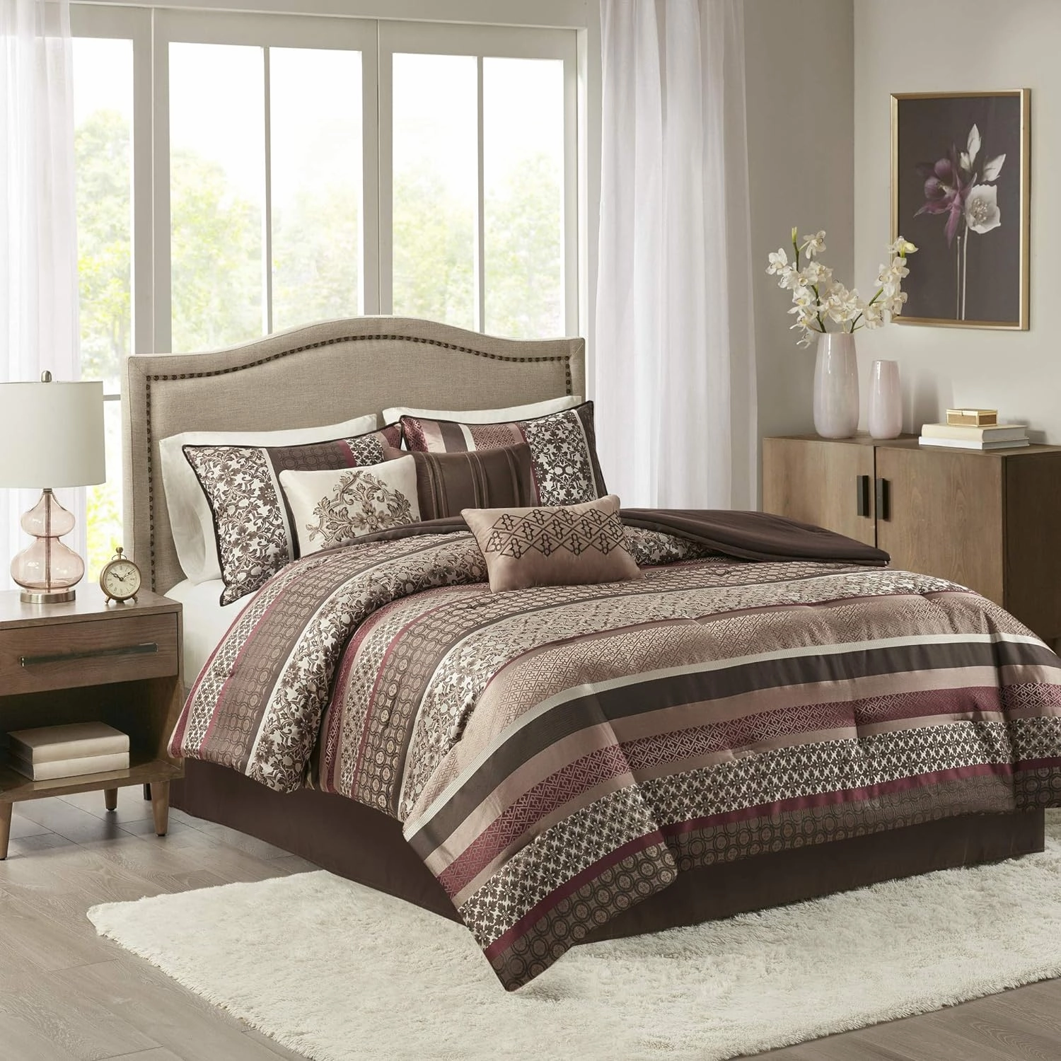 Madison Park Princeton Cozy Comforter Set - Luxurious Jaquard Traditional Damask Design, All Season Down Alternative Bedding with Matching Shams, Decorative Pillow, Cal King(104"x92"), Red 7 Piece