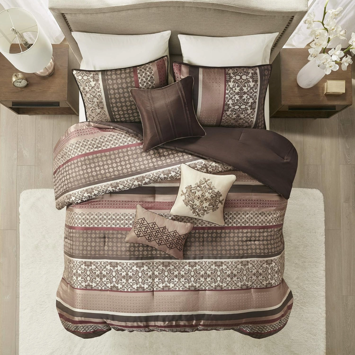Madison Park Princeton Cozy Comforter Set - Luxurious Jaquard Traditional Damask Design, All Season Down Alternative Bedding with Matching Shams, Decorative Pillow, Cal King(104"x92"), Red 7 Piece
