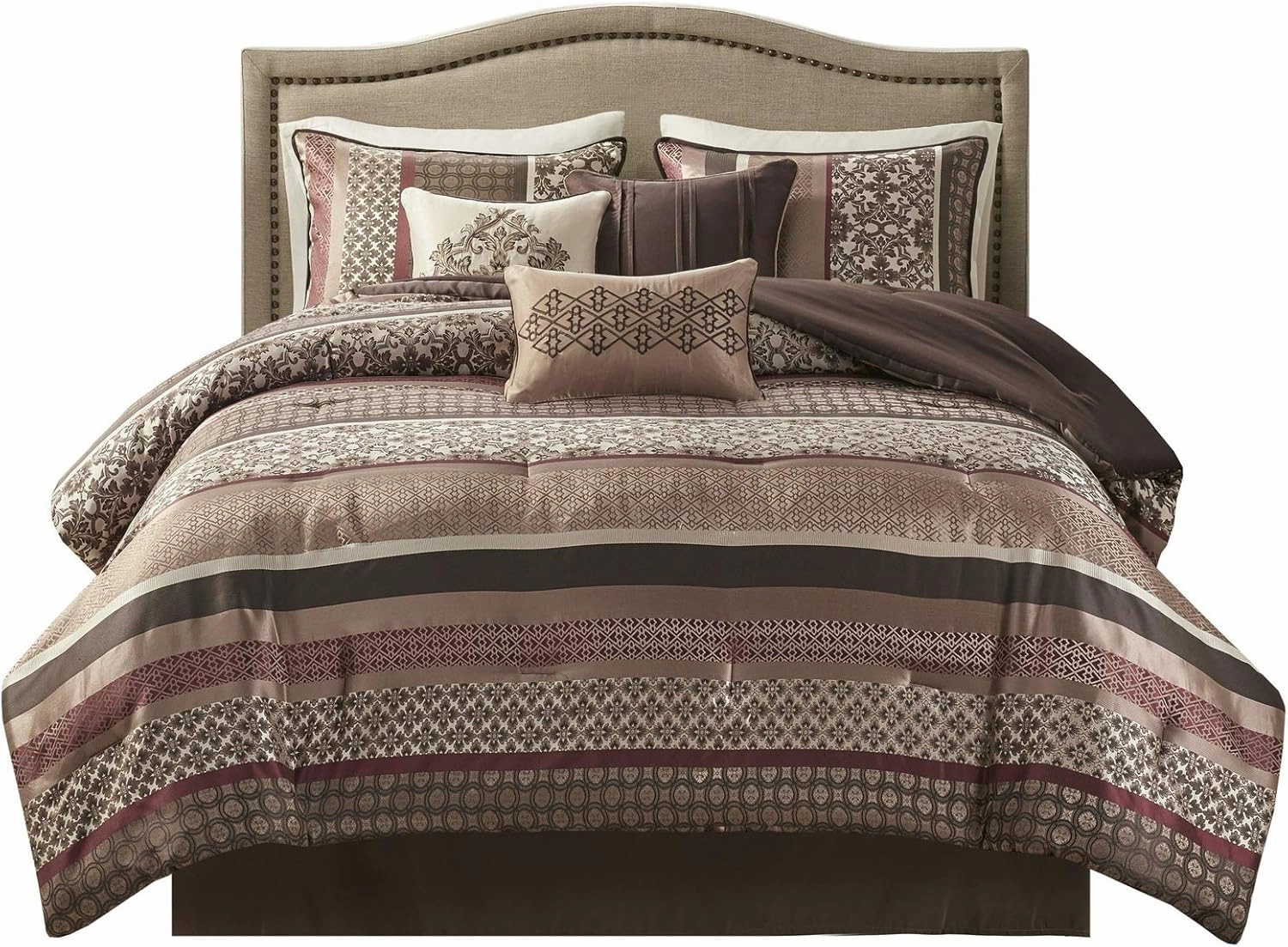 Madison Park Princeton Cozy Comforter Set - Luxurious Jaquard Traditional Damask Design, All Season Down Alternative Bedding with Matching Shams, Decorative Pillow, Cal King(104"x92"), Red 7 Piece