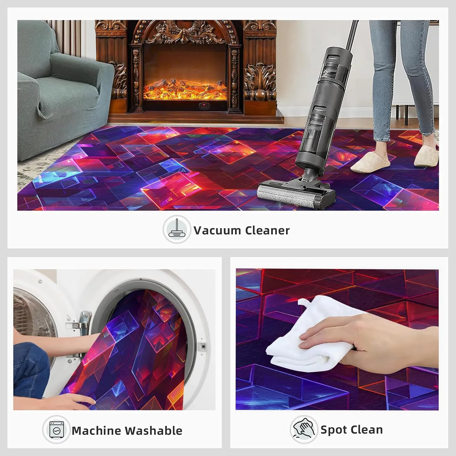 Magic Abstract Cube Rug 5x7 Bedroom Rug 3D Neon Pattern Area Rugs for Living Room, Machine Washable Carpet, with Non-Slip Backing Indoor Rug for Boys and Girls Teen Playroom