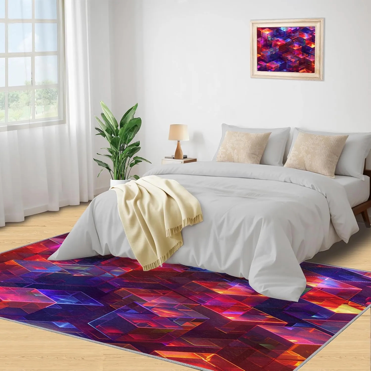 Magic Abstract Cube Rug 5x7 Bedroom Rug 3D Neon Pattern Area Rugs for Living Room, Machine Washable Carpet, with Non-Slip Backing Indoor Rug for Boys and Girls Teen Playroom