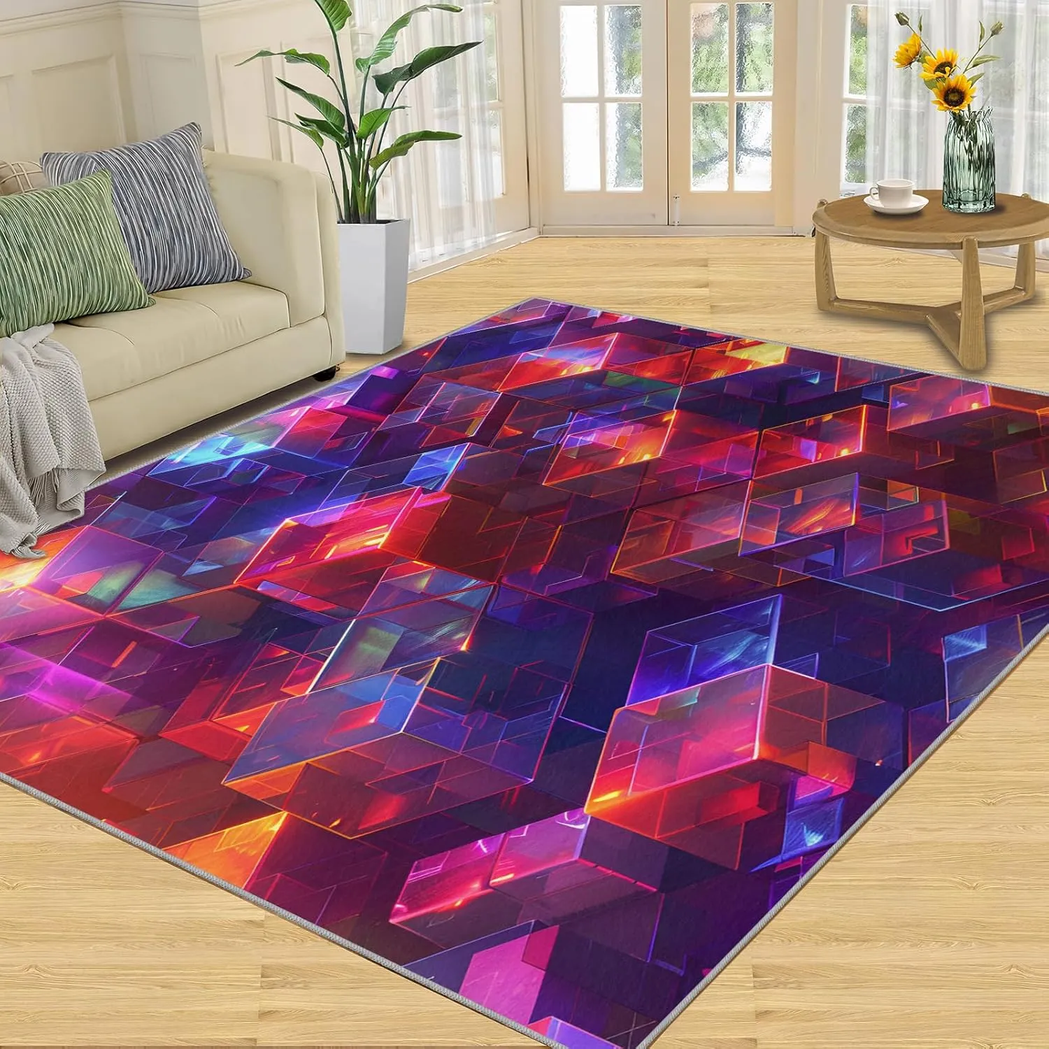 Magic Abstract Cube Rug 5x7 Bedroom Rug 3D Neon Pattern Area Rugs for Living Room, Machine Washable Carpet, with Non-Slip Backing Indoor Rug for Boys and Girls Teen Playroom