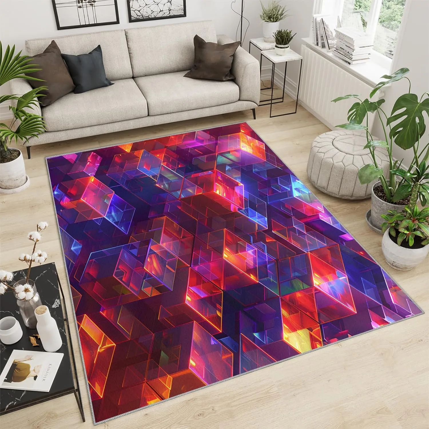 Magic Abstract Cube Rug 5x7 Bedroom Rug 3D Neon Pattern Area Rugs for Living Room, Machine Washable Carpet, with Non-Slip Backing Indoor Rug for Boys and Girls Teen Playroom