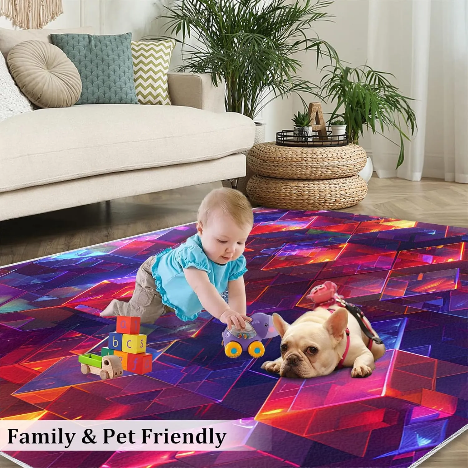 Magic Abstract Cube Rug 5x7 Bedroom Rug 3D Neon Pattern Area Rugs for Living Room, Machine Washable Carpet, with Non-Slip Backing Indoor Rug for Boys and Girls Teen Playroom