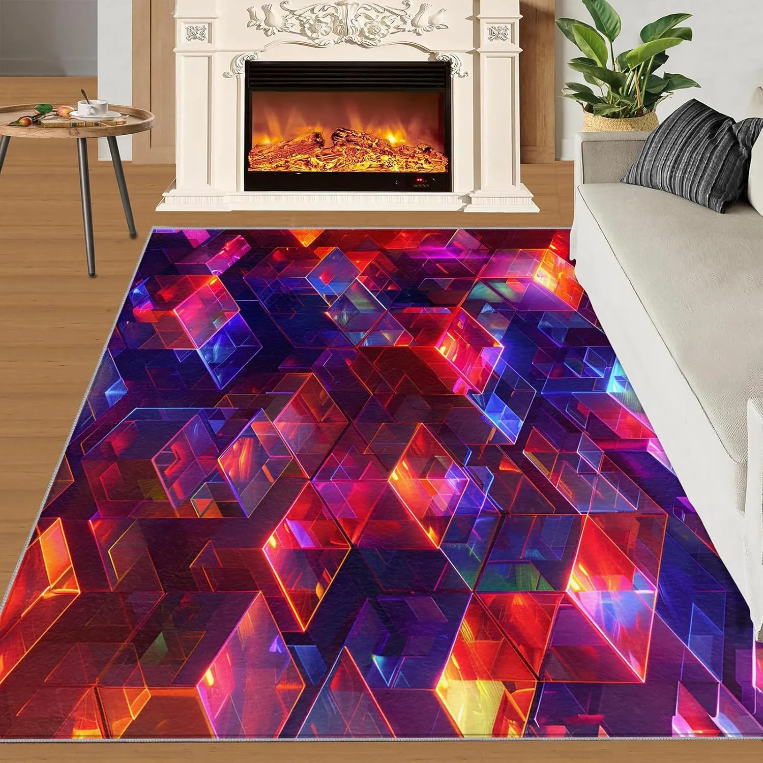 Magic Abstract Cube Rug 5x7 Bedroom Rug 3D Neon Pattern Area Rugs for Living Room, Machine Washable Carpet, with Non-Slip Backing Indoor Rug for Boys and Girls Teen Playroom