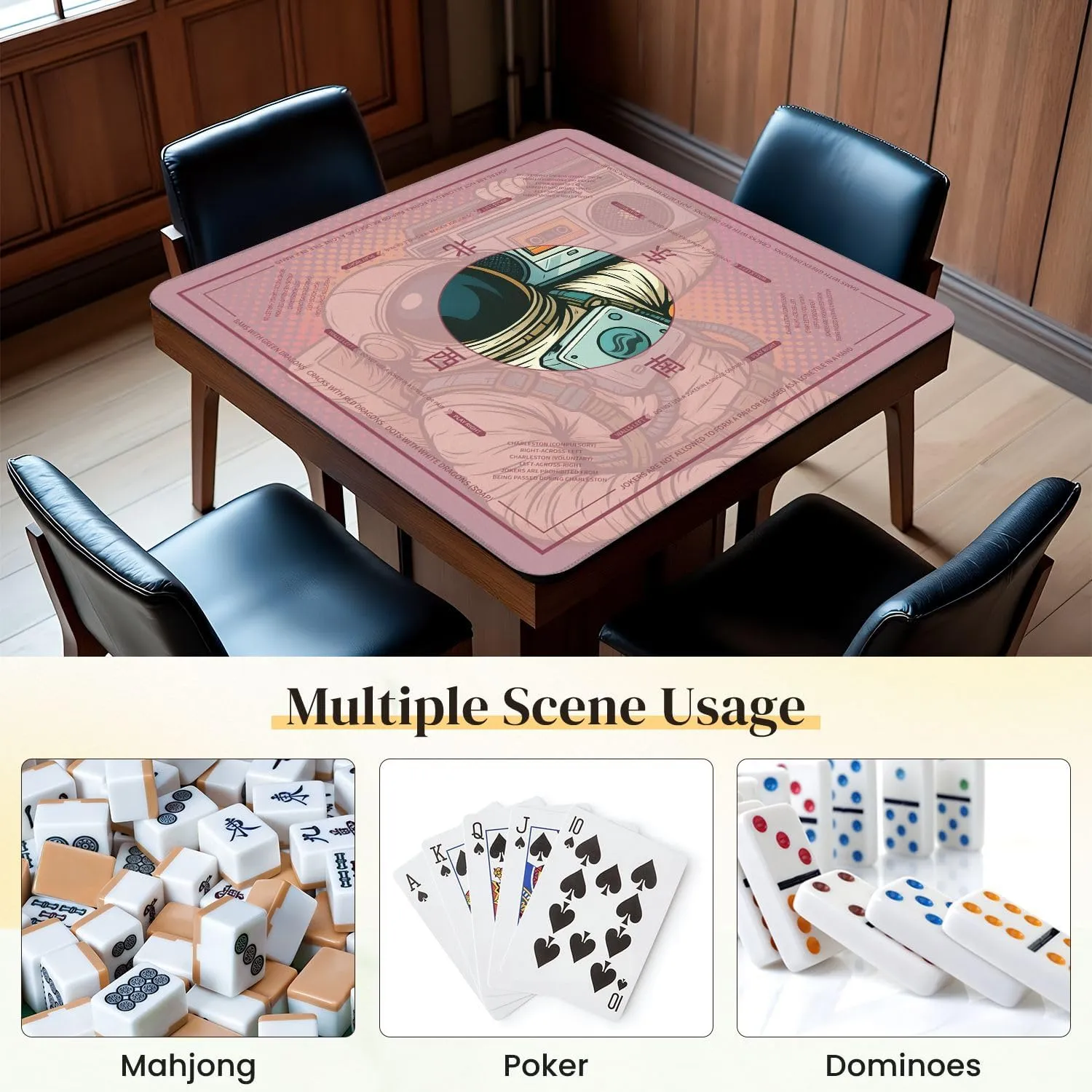 Mahjong Mat for Table Astronaut Boombox Audio Music Art Retro 31.5" x 31.5" Non-Slip Noise-Reducing Game Mat Premium Mahjong Accessories for Poker Dominoes Board Games