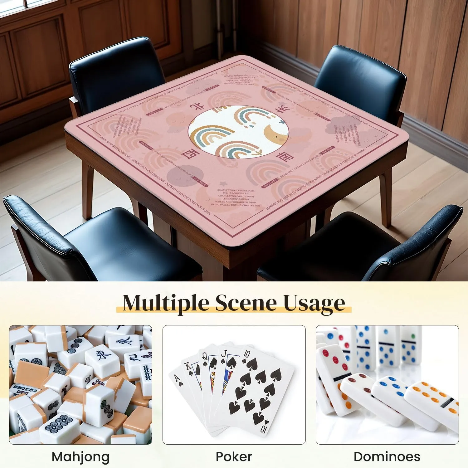 Mahjong Mat for Table drawn boho clipart for nursery decoration cute rainbows sun cloud 31.5" x 31.5" Non-Slip Noise-Reducing Game Mat Premium Mahjong Accessories for Poker Dominoes Board Games