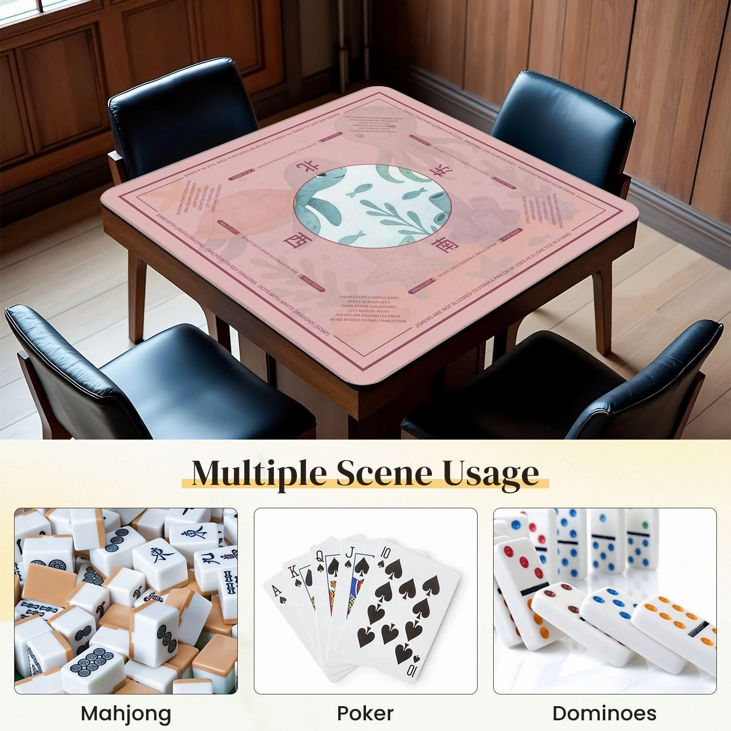 Mahjong Mat for Table animals octopus fish sea turtle starfish coral shell ocean Underwater 31.5" x 31.5" Non-Slip Noise-Reducing Game Mat Premium Mahjong Accessories for Poker Dominoes Board Games