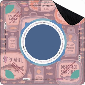 Mahjong Mat for Table Blue Sardine Tins Sardine Cans Fish Labels Graphics Hand Drawn Vintage 31.5" x 31.5" Non-Slip Noise-Reducing Game Mat Premium Mahjong Accessories for Poker Dominoes Board Games