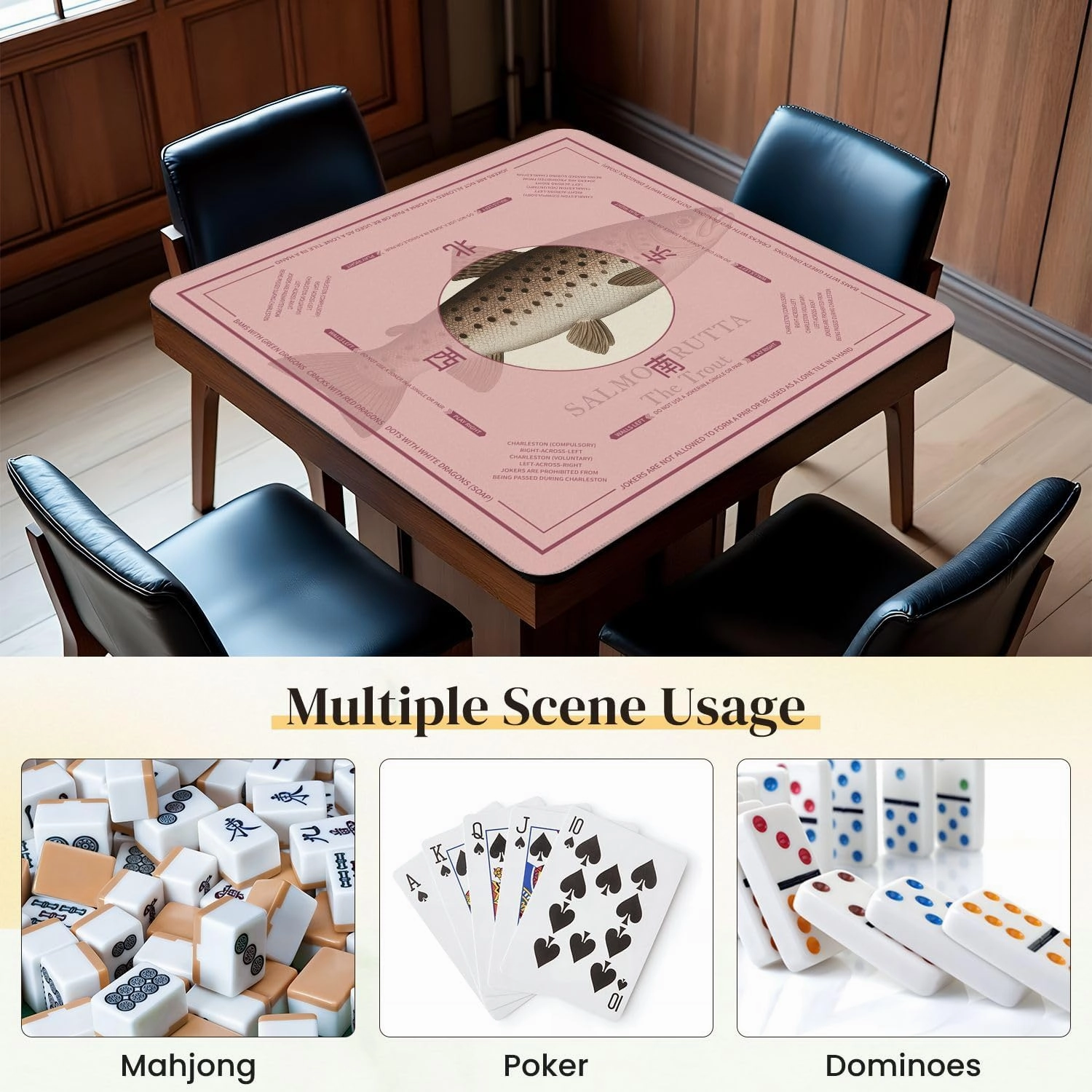 Mahjong Mat for Table Engraving Brown Trout Fish from 31.5" x 31.5" Non-Slip Noise-Reducing Game Mat Premium Mahjong Accessories for Poker Dominoes Board Games