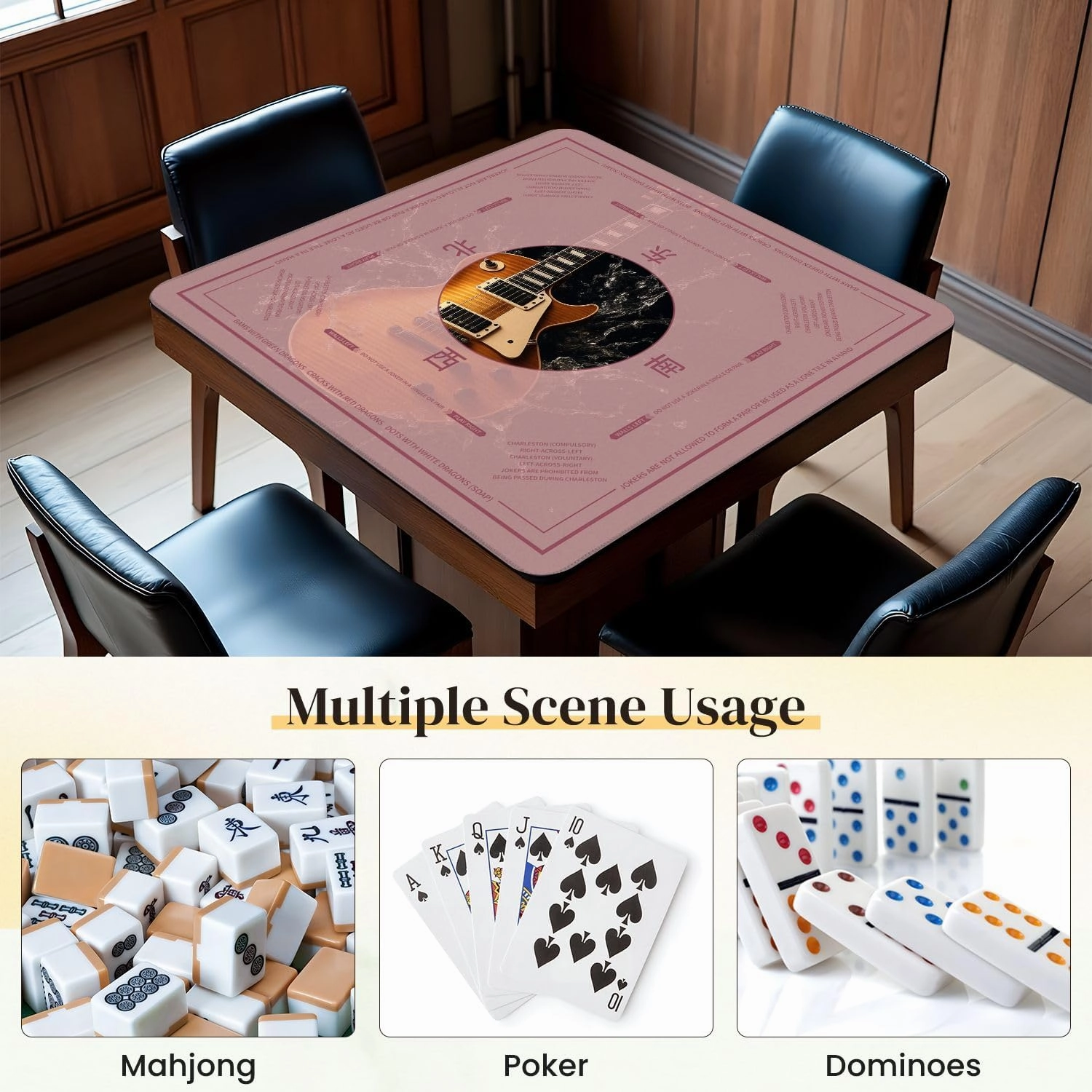 Mahjong Mat for Table Guitar Music Electric Water Splash Reflections Contrast Texture 31.5" x 31.5" Non-Slip Noise-Reducing Game Mat Premium Mahjong Accessories for Poker Dominoes Board Games