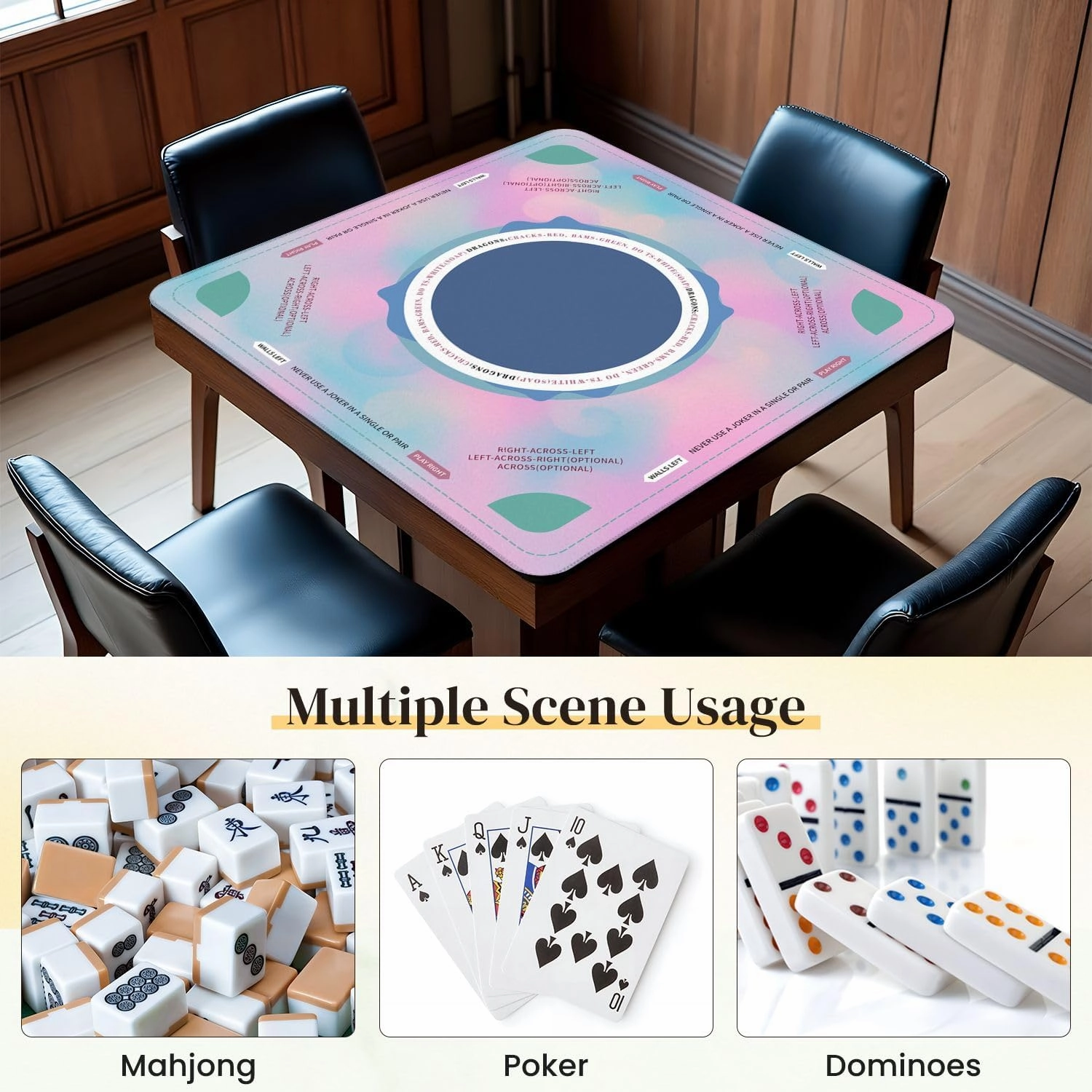Mahjong Mat for Table Holograph Dreamy Rainbow Overlay Cover Neon Texture Overlay 80s 90s 31.5" x 31.5" Non-Slip Noise-Reducing Game Mat Premium Mahjong Accessories for Poker Dominoes Board Games