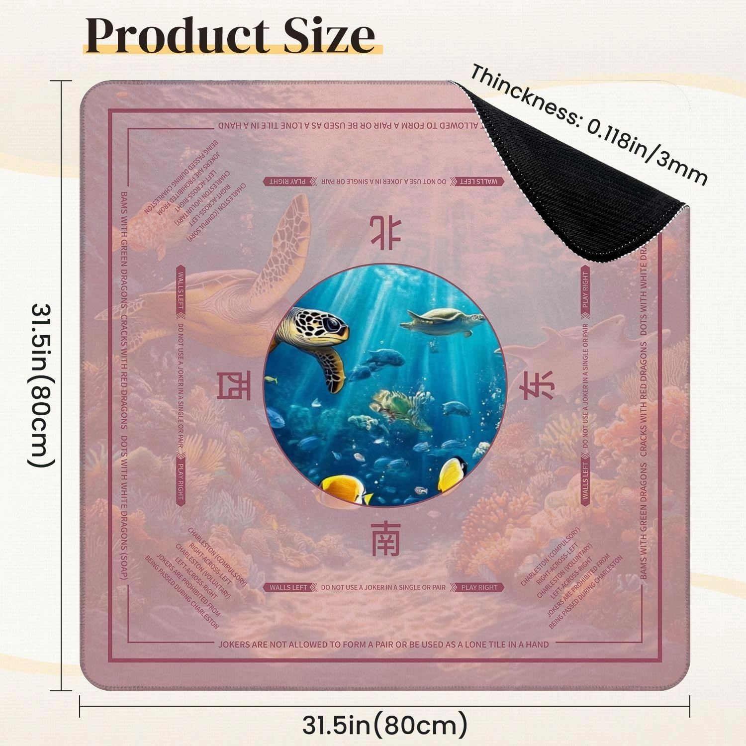 Mahjong Mat for Table Ocean Water Sea Turtle Coral Fish Underwater Scenery Realistic 31.5" x 31.5" Non-Slip Noise-Reducing Game Mat Premium Mahjong Accessories for Poker Dominoes Board Games