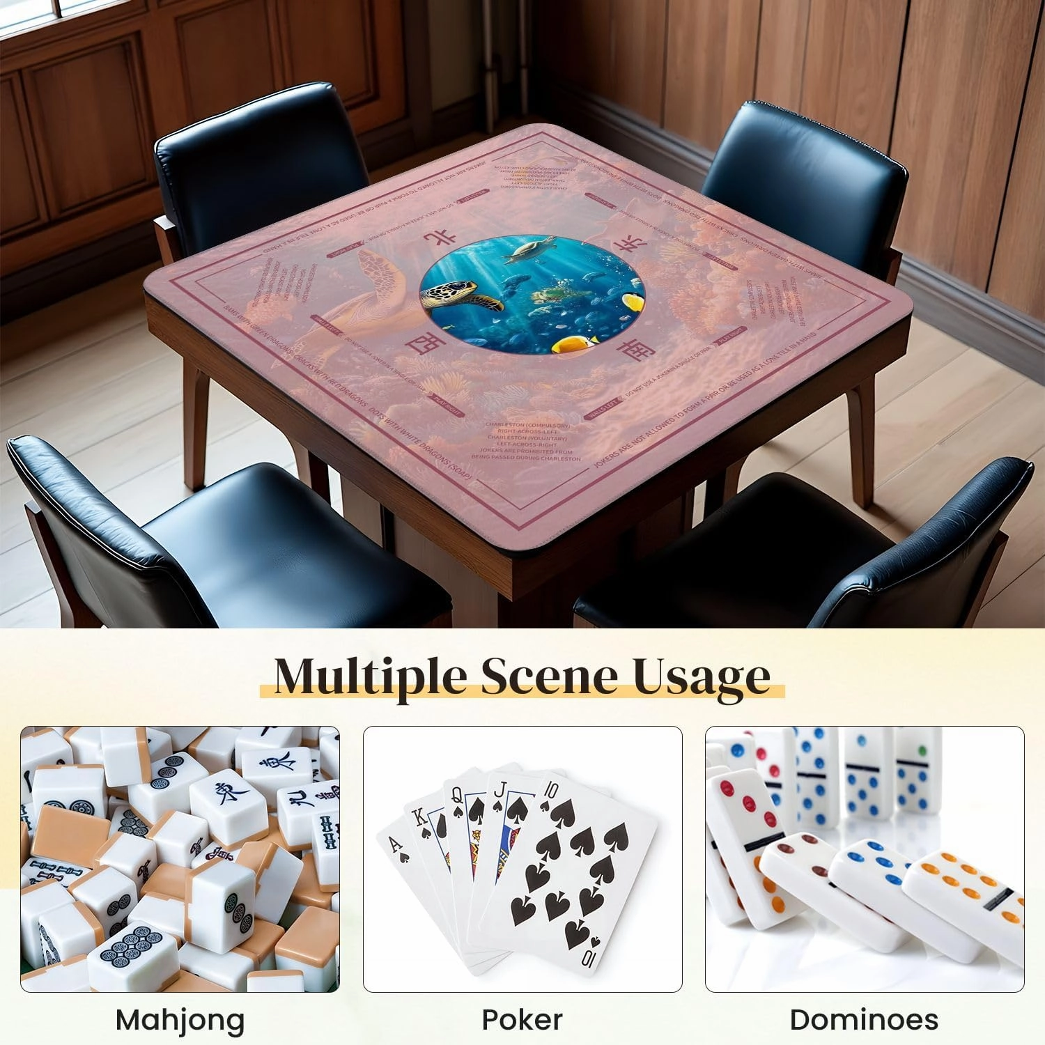Mahjong Mat for Table Ocean Water Sea Turtle Coral Fish Underwater Scenery Realistic 31.5" x 31.5" Non-Slip Noise-Reducing Game Mat Premium Mahjong Accessories for Poker Dominoes Board Games
