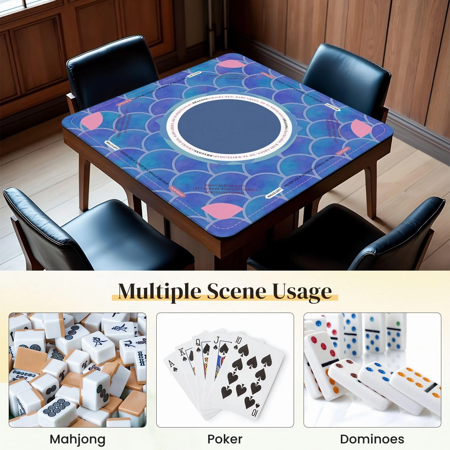 Mahjong Mat for Table Watercolor Rainbow Scales Seamless 31.5" x 31.5" Non-Slip Noise-Reducing Game Mat Premium Mahjong Accessories for Poker Dominoes Board Games