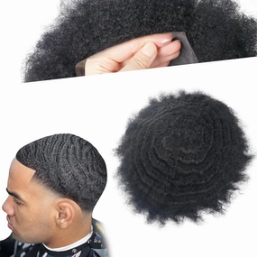 Man Weave Hair Unit Man Unit 360 Skin Pu for Black Men 100% Human Hair 360 Afro Toupee African American MenToupee 8x10inch 1# Jet Black
