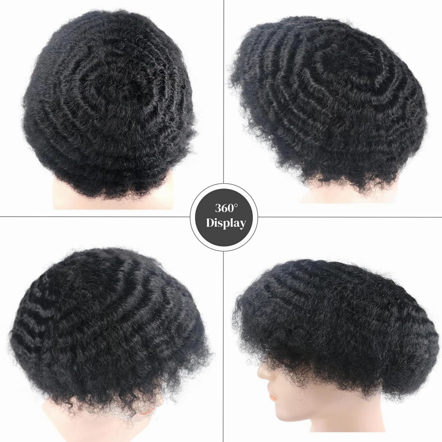 Man Weave Hair Unit Man Unit 360 Skin Pu for Black Men 100% Human Hair 360 Afro Toupee African American MenToupee 8x10inch 1# Jet Black