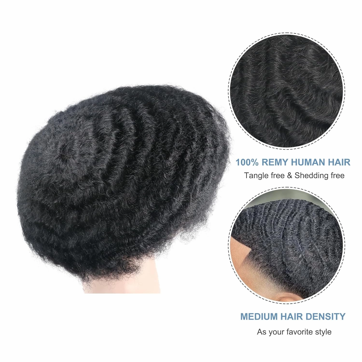 Man Weave Hair Unit Man Unit 360 Skin Pu for Black Men 100% Human Hair 360 Afro Toupee African American MenToupee 8x10inch 1# Jet Black
