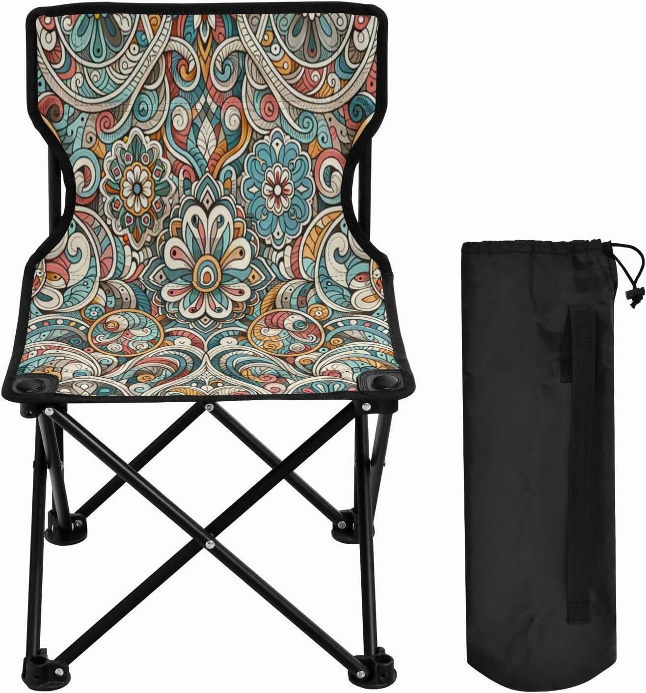 Mandala Pattern Portable Outdoor Folding Chair Anti-Slip Padded Oxford Cloth Stool Camping Chair Small for Beach Hiking Fishing Gardening Quad Camp Chair