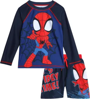 Marvel Boys Rash Guard Set - 2 Piece Spiderman Spidey & His Amazing Friends UPF50  Swim Shirt & Swim Trunks for Boys (2T-12)