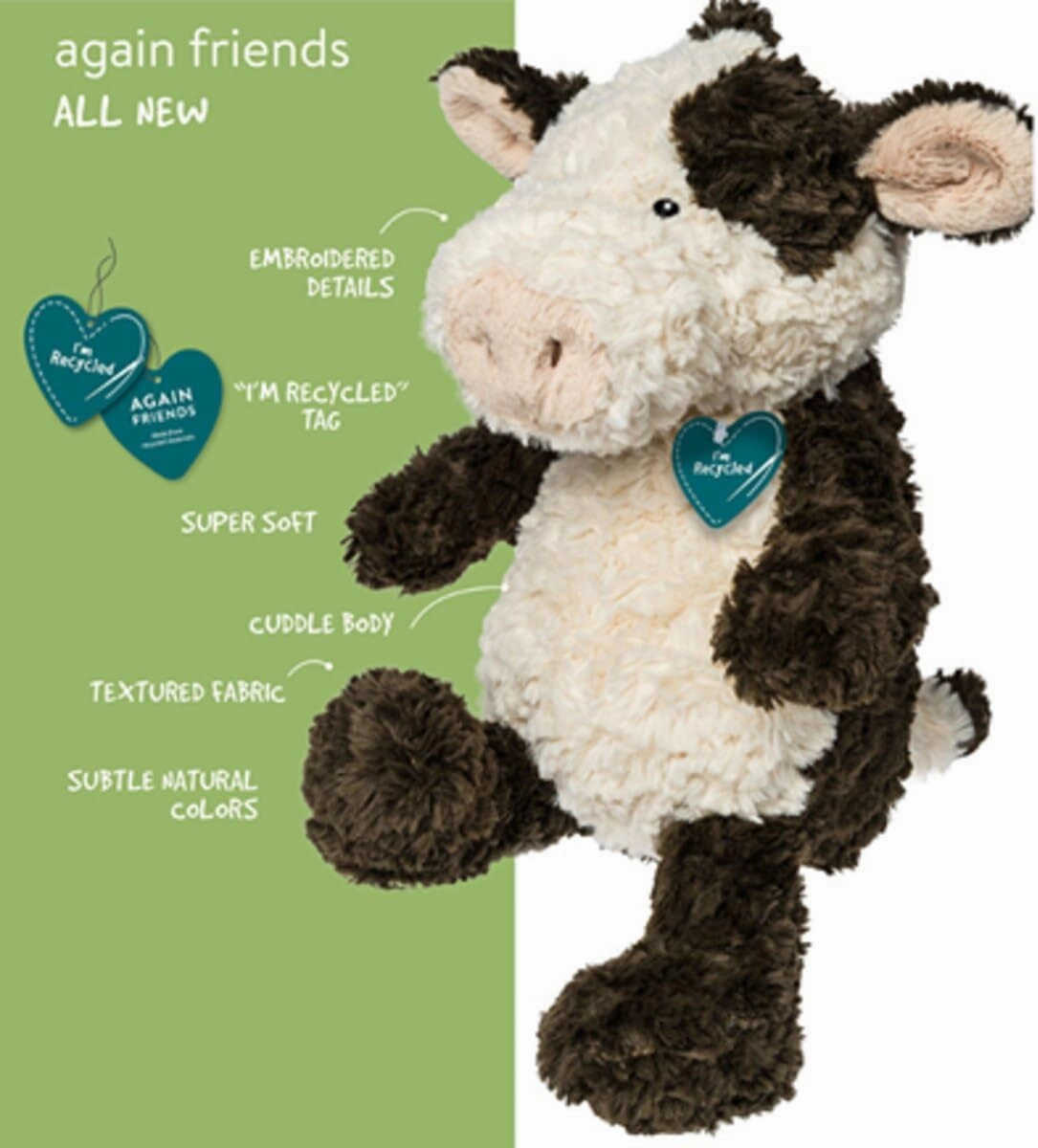 Mary Meyer Stuffed Animal Again Friends Soft Toy Made from Recycled Materials, 9-Inches, Cow