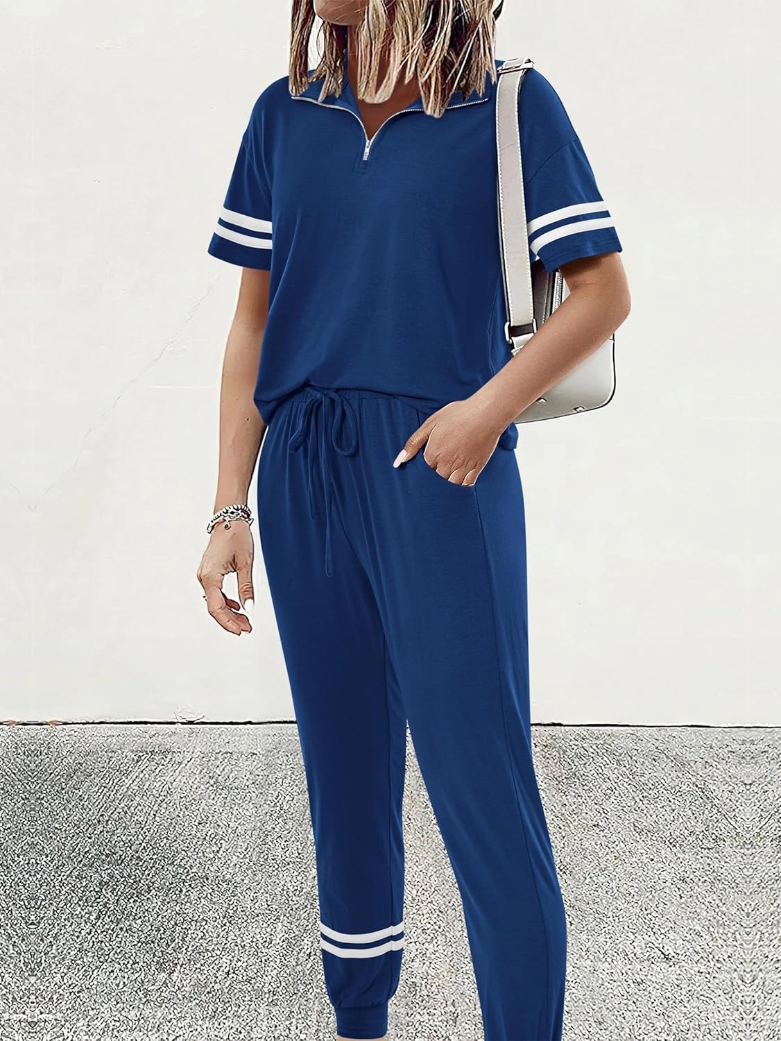MASCOMODA 2 Piece Outfits for Women 2025 Summer Casual Quarter Zip Short Sleeve Tops Long Pants Tracksuit Jogger Lounge Sets