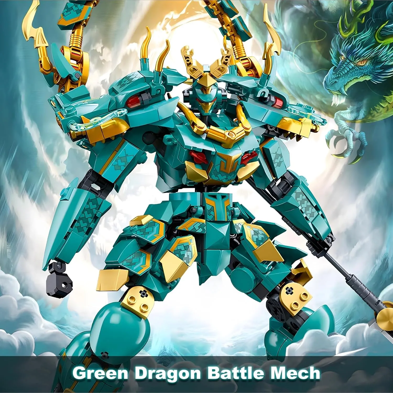 Mech Robot Building Blocks Set for Adults, Cool Green Dragon Warrior Model Kit with Long Spear Toy Playset, 704 pcs Collectible Mythical Ninja Gifts for Teens Boys Ages 12 