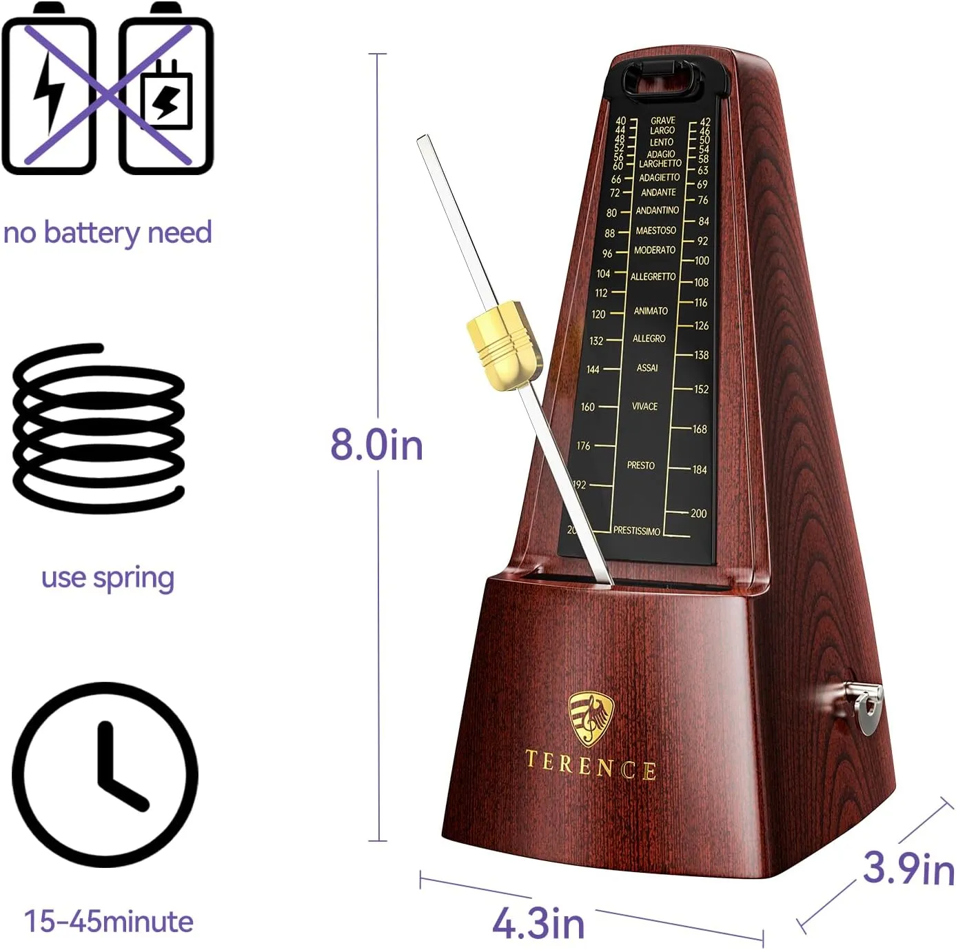 Mechanical Metronomes for Piano Guitar Drum Violin and Other Musical Instruments with Loud Sound and Accurate Beat Multiple Beat Modes for Beginners(Walnut Color)