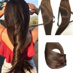 Medium Brown Human Hair Extensions Clip on 70g 7 Pieces Silky Straight Weft Remy Hair