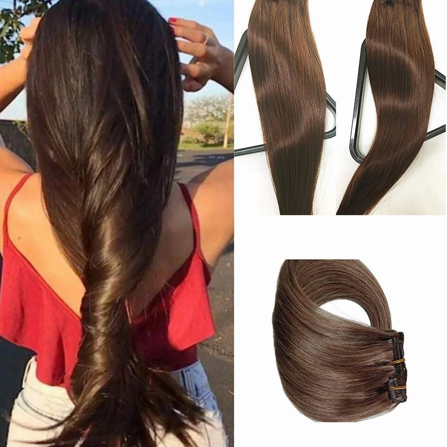 Medium Brown Human Hair Extensions Clip on 70g 7 Pieces Silky Straight Weft Remy Hair