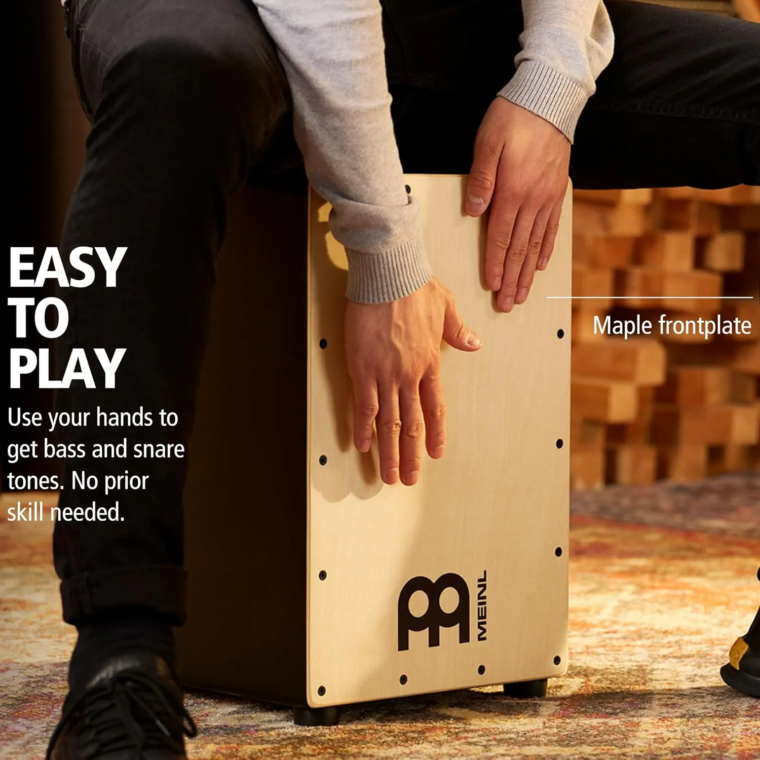 Meinl Cajon Box Drum with Internal Snares - NOT MADE IN CHINA - Maple Frontplate / MDF Body Full Size, 2-YEAR WARRANTY (MCAJ100BK-MA)