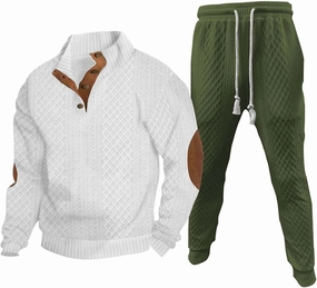 Mens 2 Piece Sweatsuits Sets Stand Collar Button Elbow Patch Long Sleeve Sweatshirts Pants Outdoor Loose Sport Suits