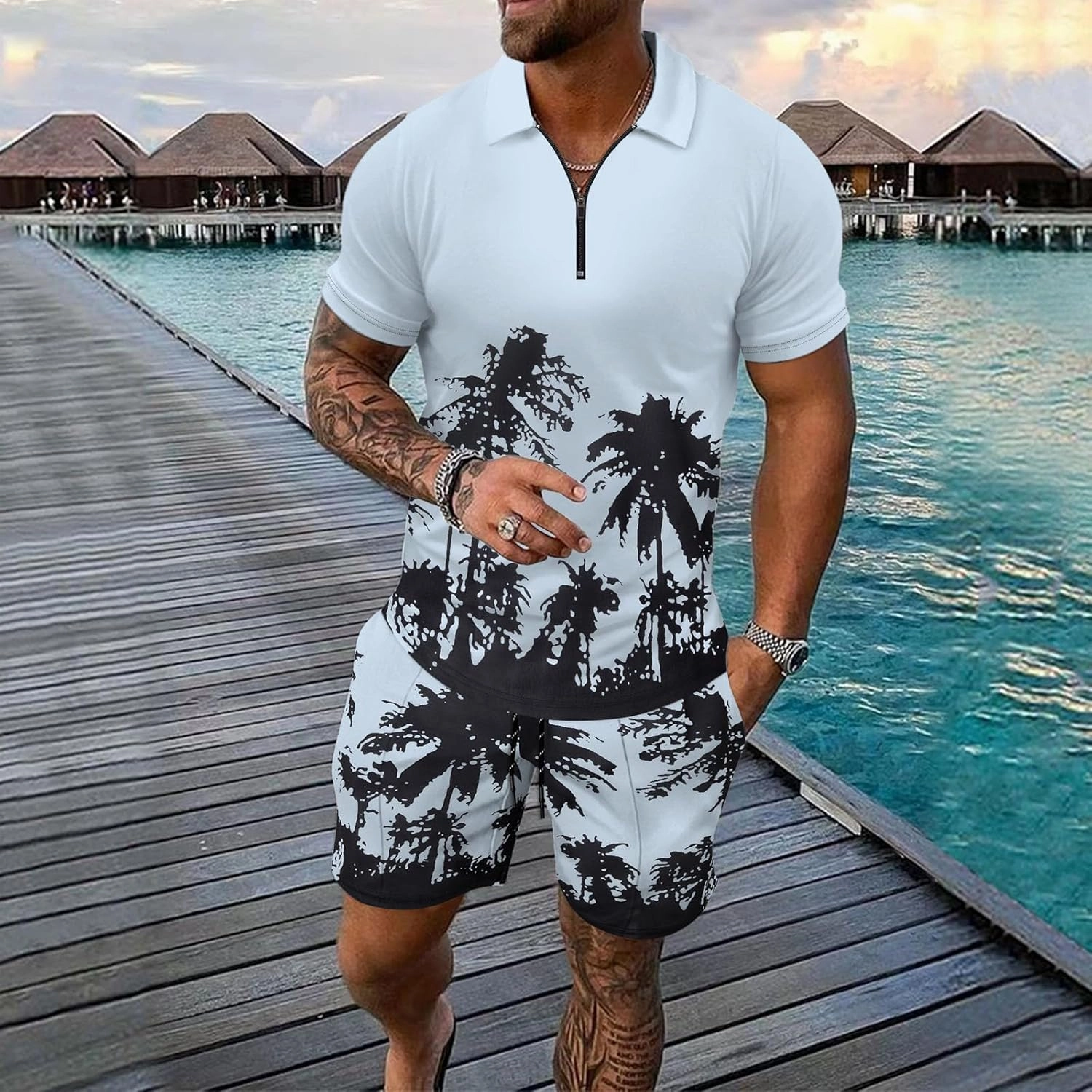 Mens Gym Sets 2 Piece Outfits Hawaiian Outfits For Men Workout Short Sleeve Zip Polo Sweatsuit For Men Mens Romper